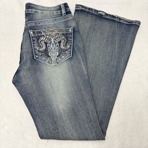 Urban Weekend Bootcut Jeans‎ Embroidered Ram Skull Pockets Sequin Grunge Goth